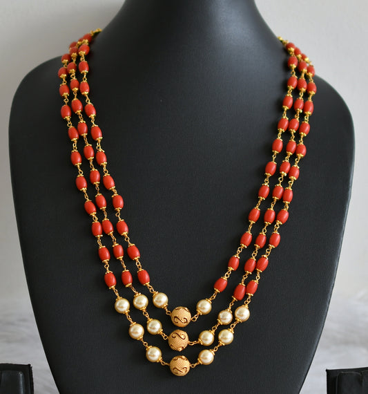 Gold tone coral-pearl beaded multi layer mala dj-48342