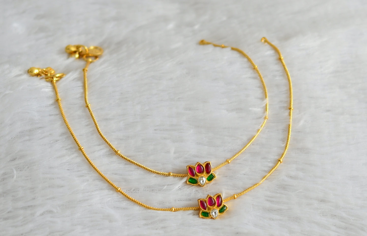 Gold tone pink-green-white kundan jadau lotus anklets dj-48343