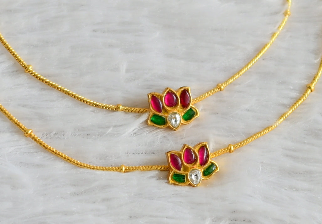 Gold tone pink-green-white kundan jadau lotus anklets dj-48343