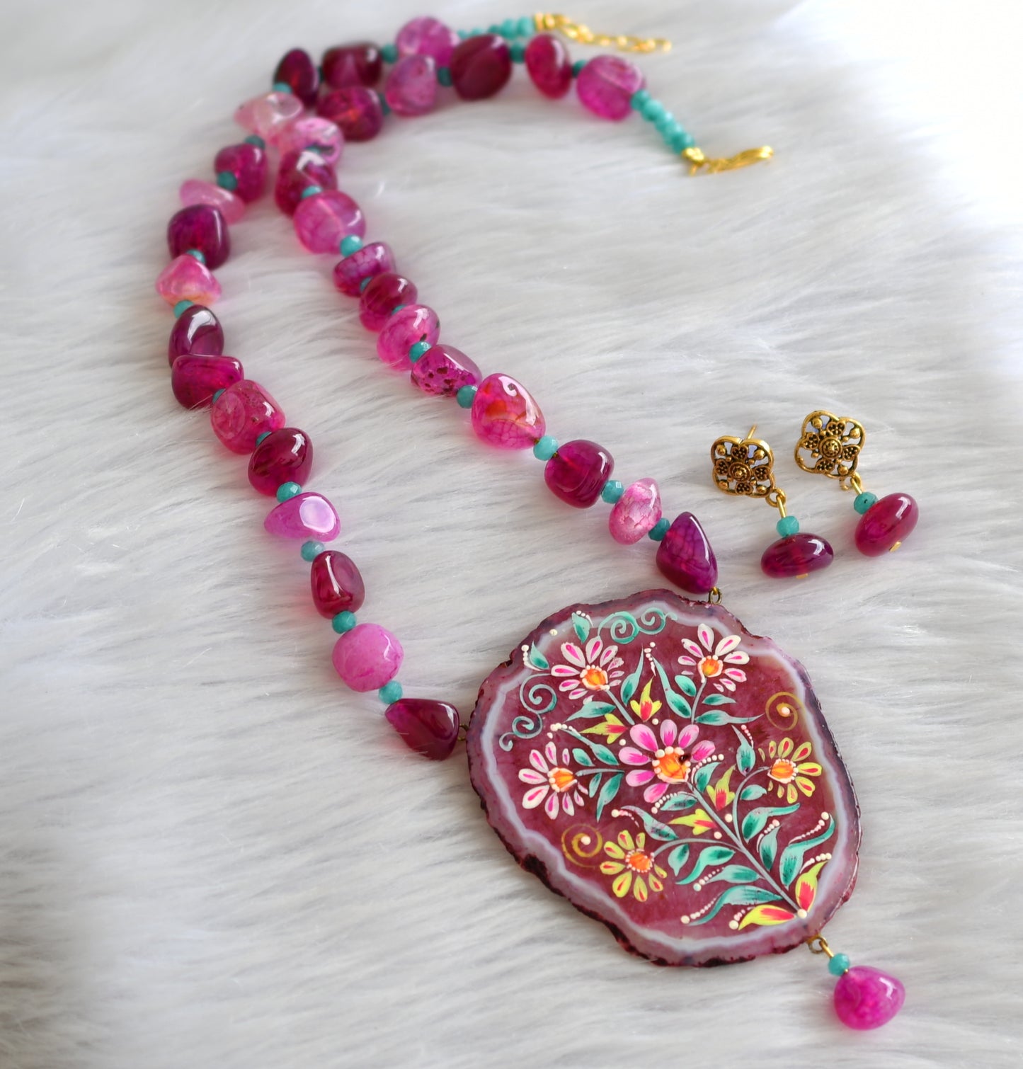 Hand painted flower sliced agate pendant with pink onyx beads necklace set dj-43400