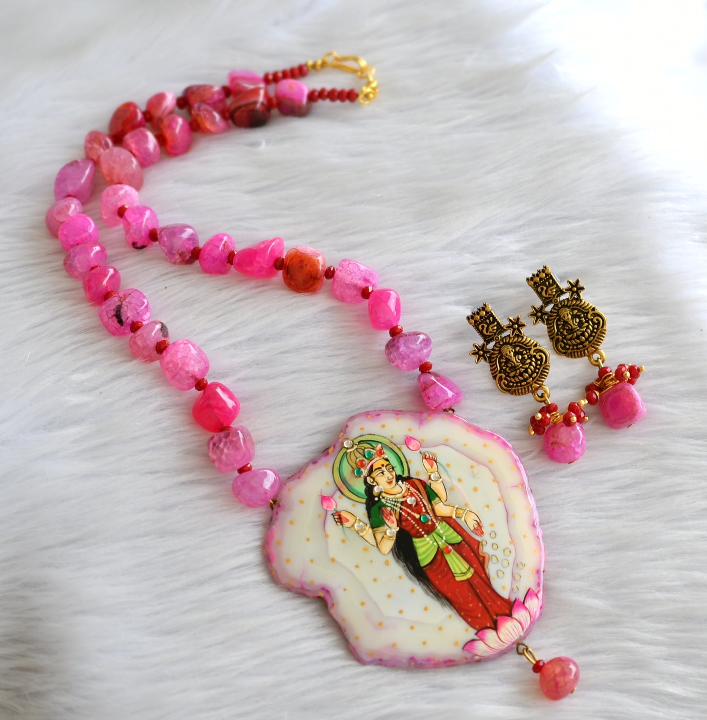 Hand painted lakshmi sliced agate pendant with pink onyx beads necklace set dj-43392