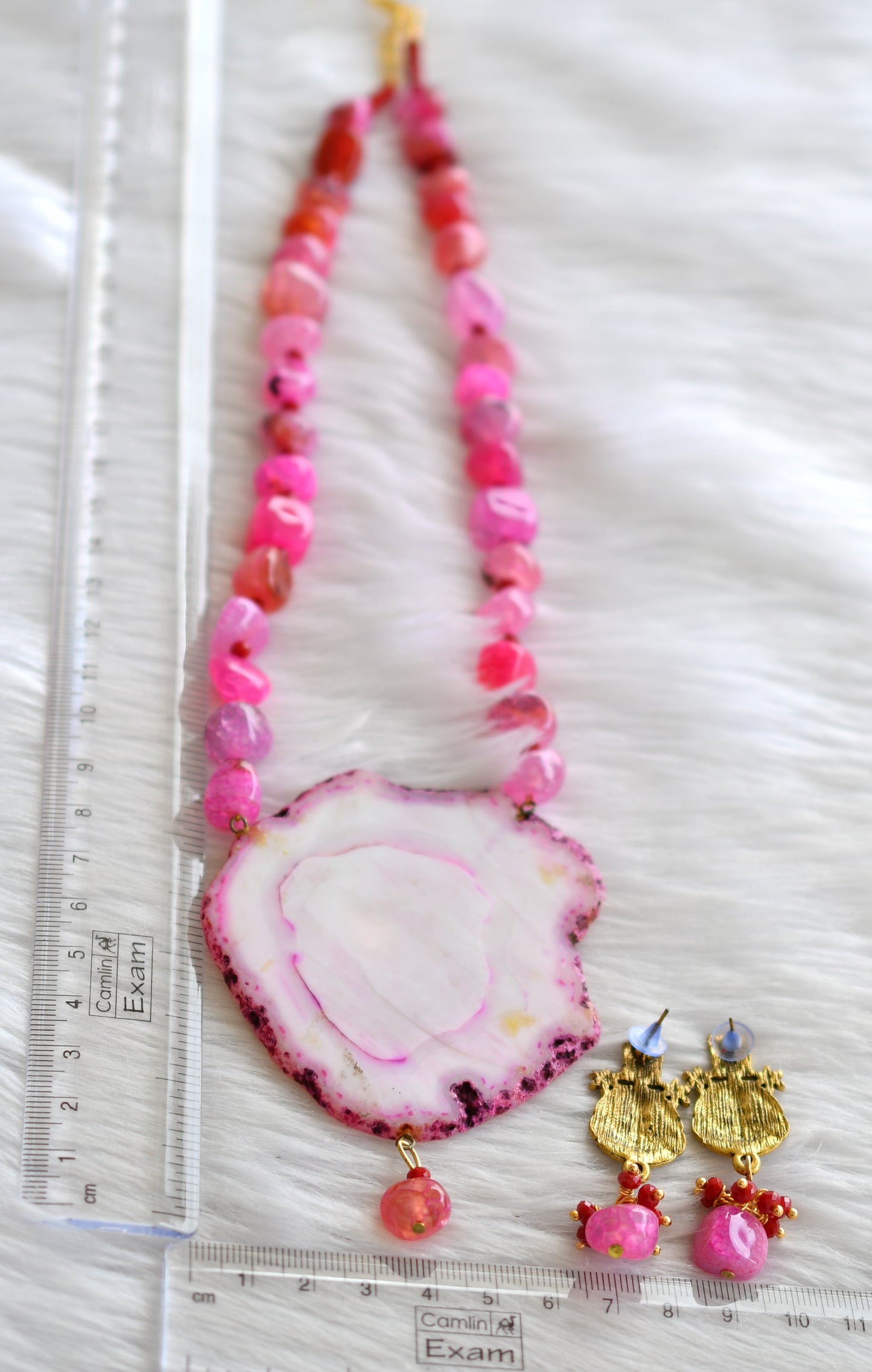 Hand painted lakshmi sliced agate pendant with pink onyx beads necklace set dj-43392