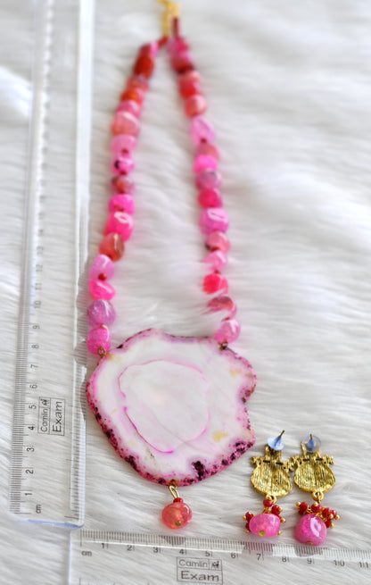 Hand painted lakshmi sliced agate pendant with pink onyx beads necklace set dj-43392