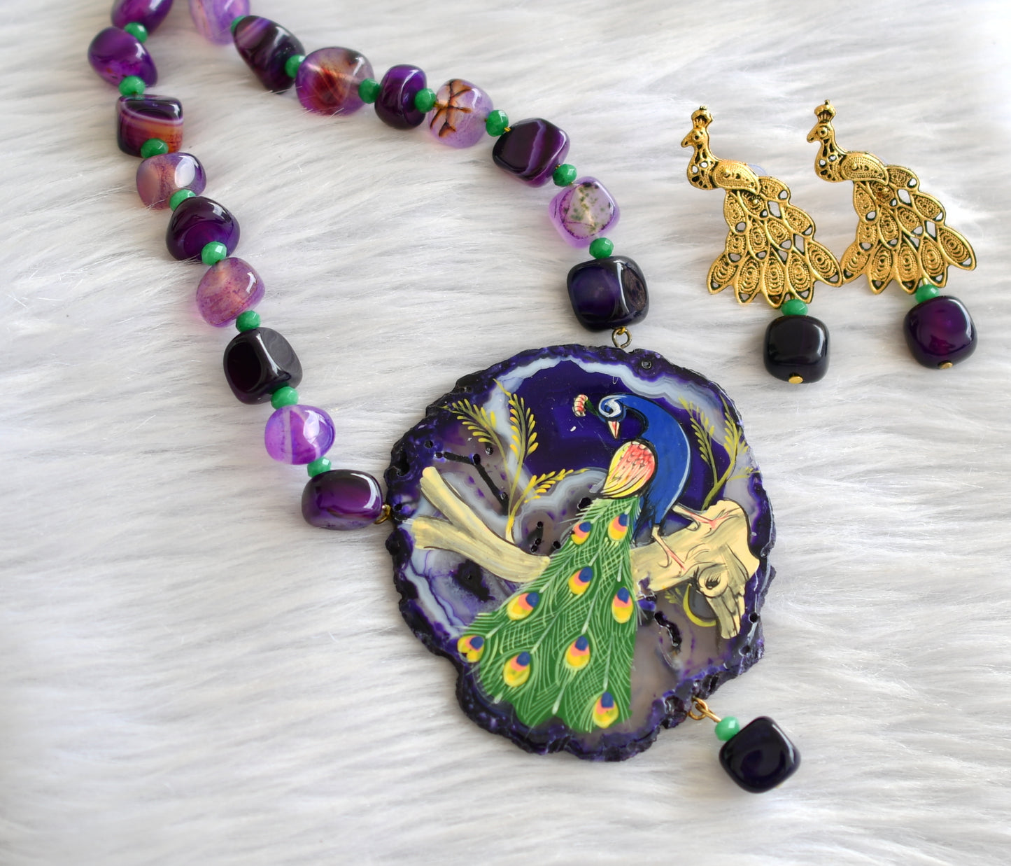 Hand painted peacock sliced agate pendant with purple onyx beads