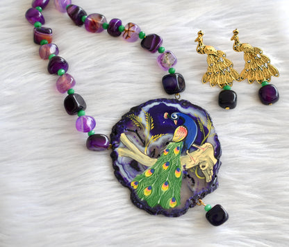 Hand painted peacock sliced agate pendant with purple onyx beads necklace set dj-43389