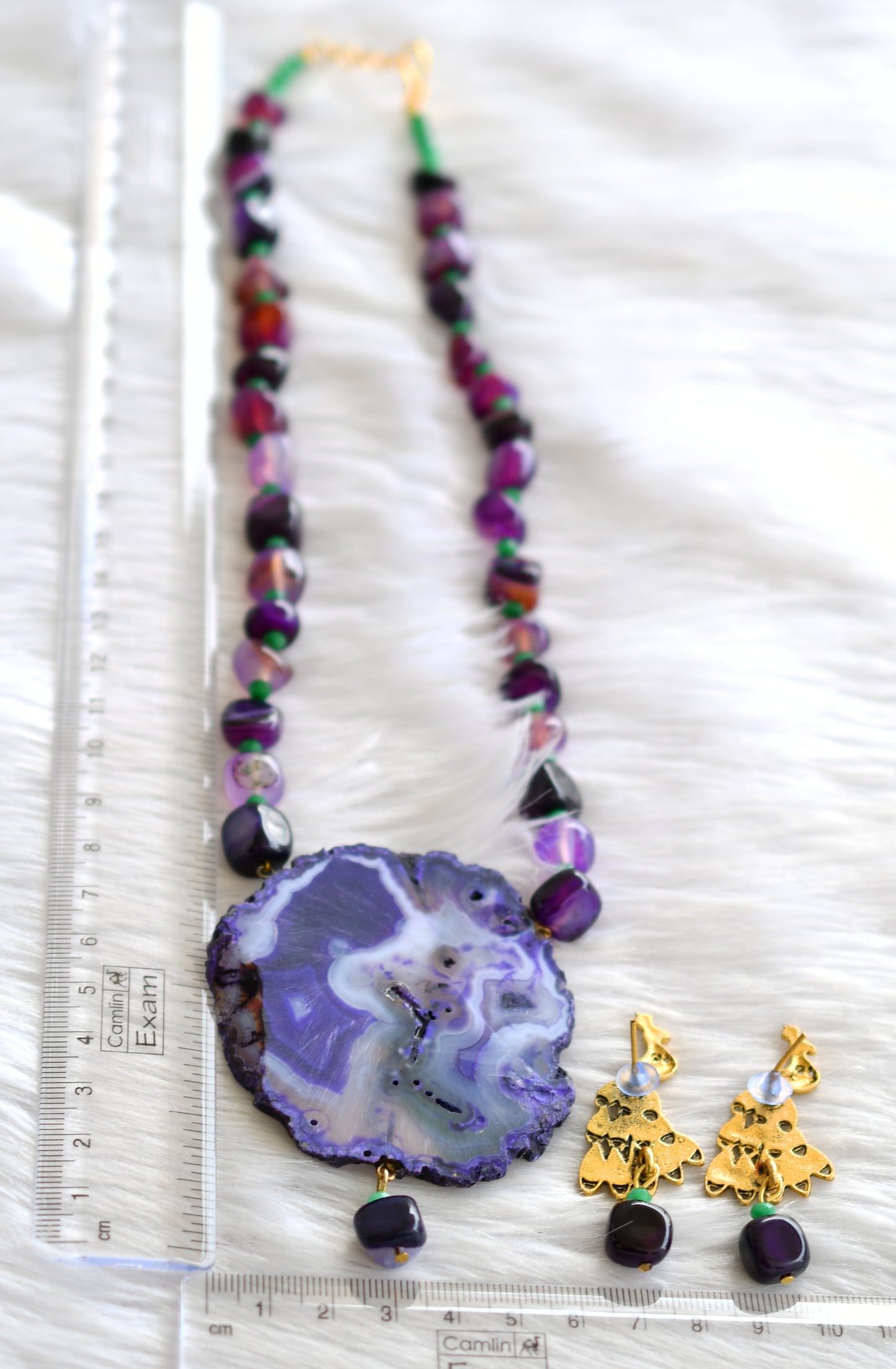 Hand painted peacock sliced agate pendant with purple onyx beads necklace set dj-43389