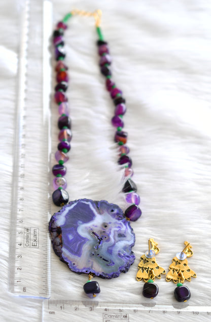 Hand painted peacock sliced agate pendant with purple onyx beads necklace set dj-43389