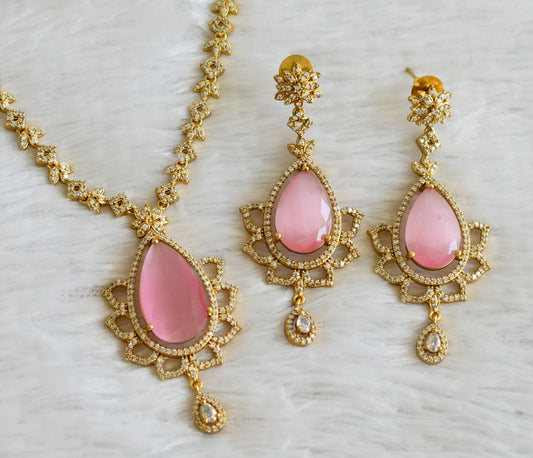 Matte finish cz-baby pink thilak stone necklace set dj-48331