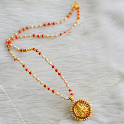 Gold tone 24 inches coral-pearl chain with coral-pearl lakshmi round pendant dj-44936