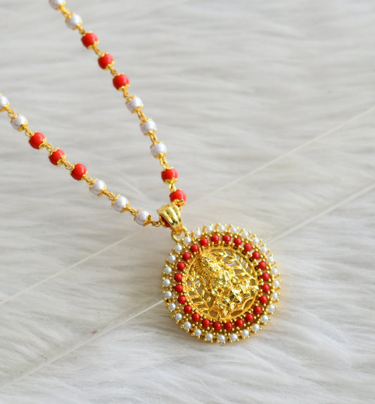 Gold tone 24 inches coral-pearl chain with coral-pearl lakshmi round pendant dj-44936