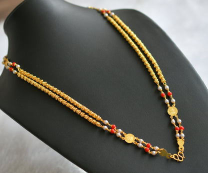 Gold tone coral-pearl lakshmi coin double layer 24 inches chain dj-46621