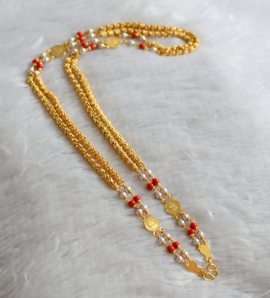 Gold tone coral-pearl lakshmi coin double layer 24 inches chain dj-46621