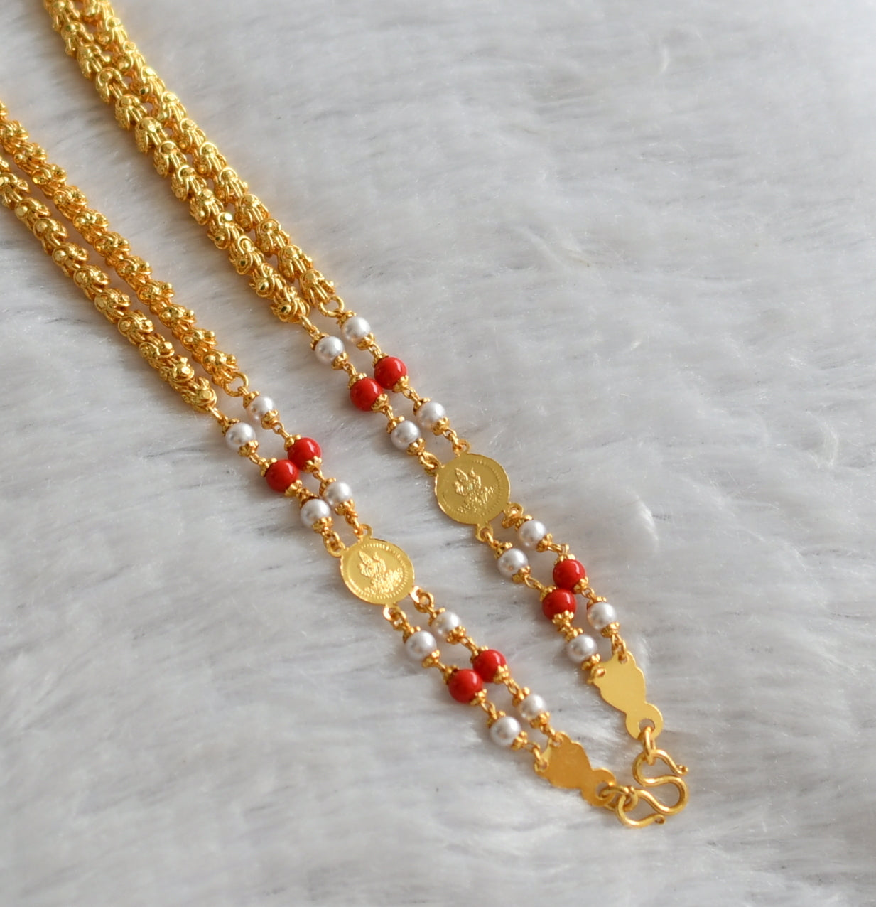 Gold tone coral-pearl lakshmi coin double layer 24 inches chain dj-46621