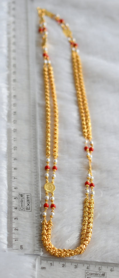 Gold tone coral-pearl lakshmi coin double layer 24 inches chain dj-46621