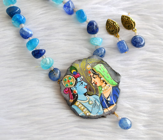 Hand painted radha-krishna sliced agate pendant with blue onyx beads necklace set dj-43382
