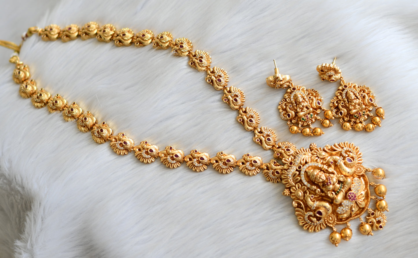 Gorgeous matte gold tone Cz ruby-green Lakshmi designer haar set dj-34831