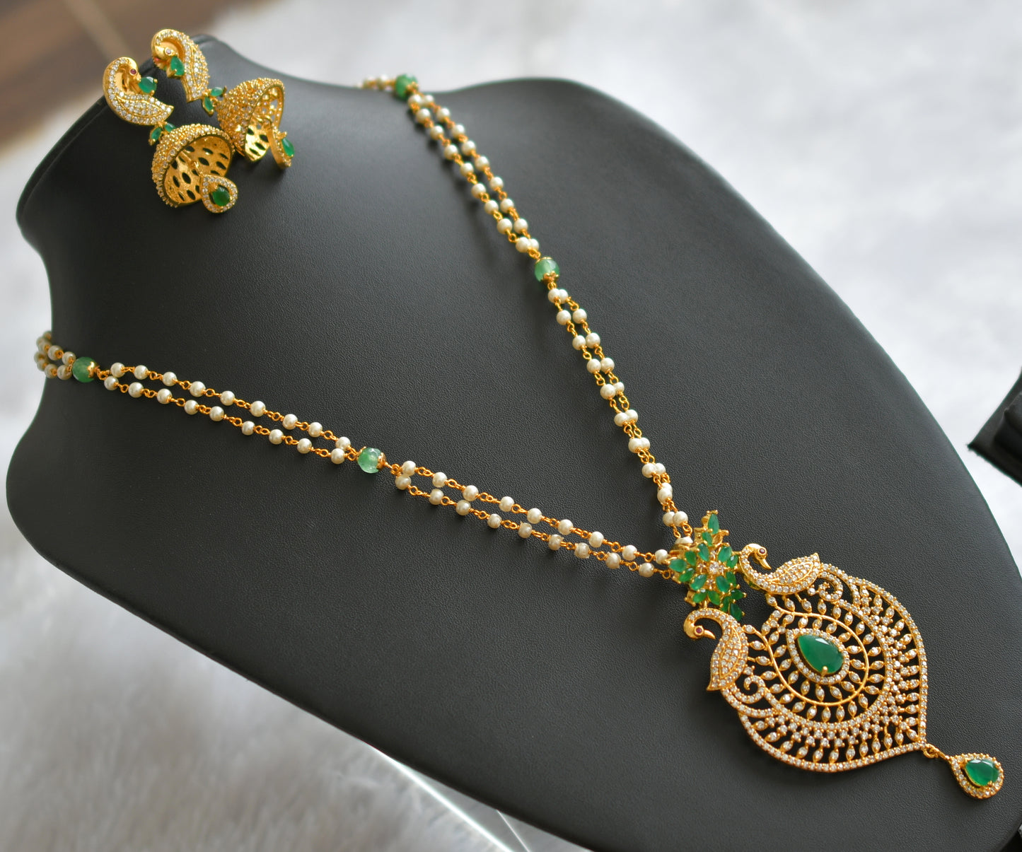 Gold tone cz white-green peacock pearl necklace set dj-46623