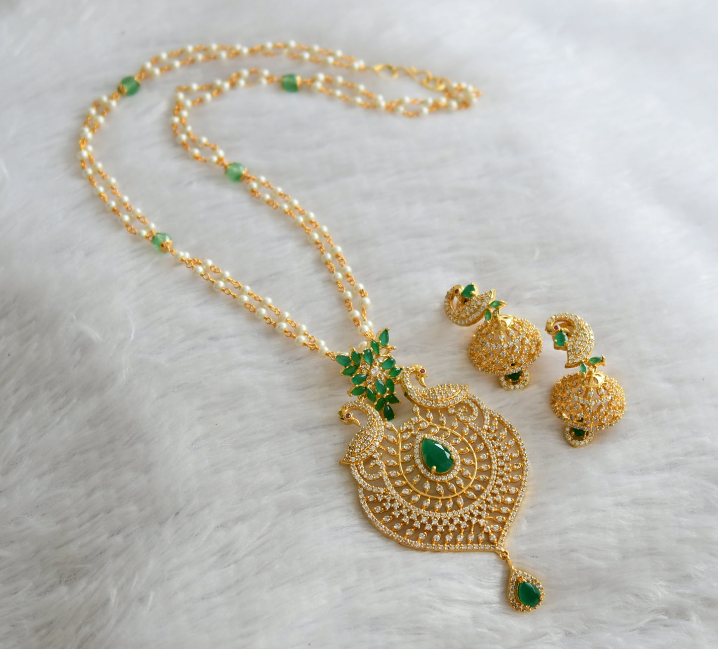 Gold tone cz white-green peacock pearl necklace set dj-46623