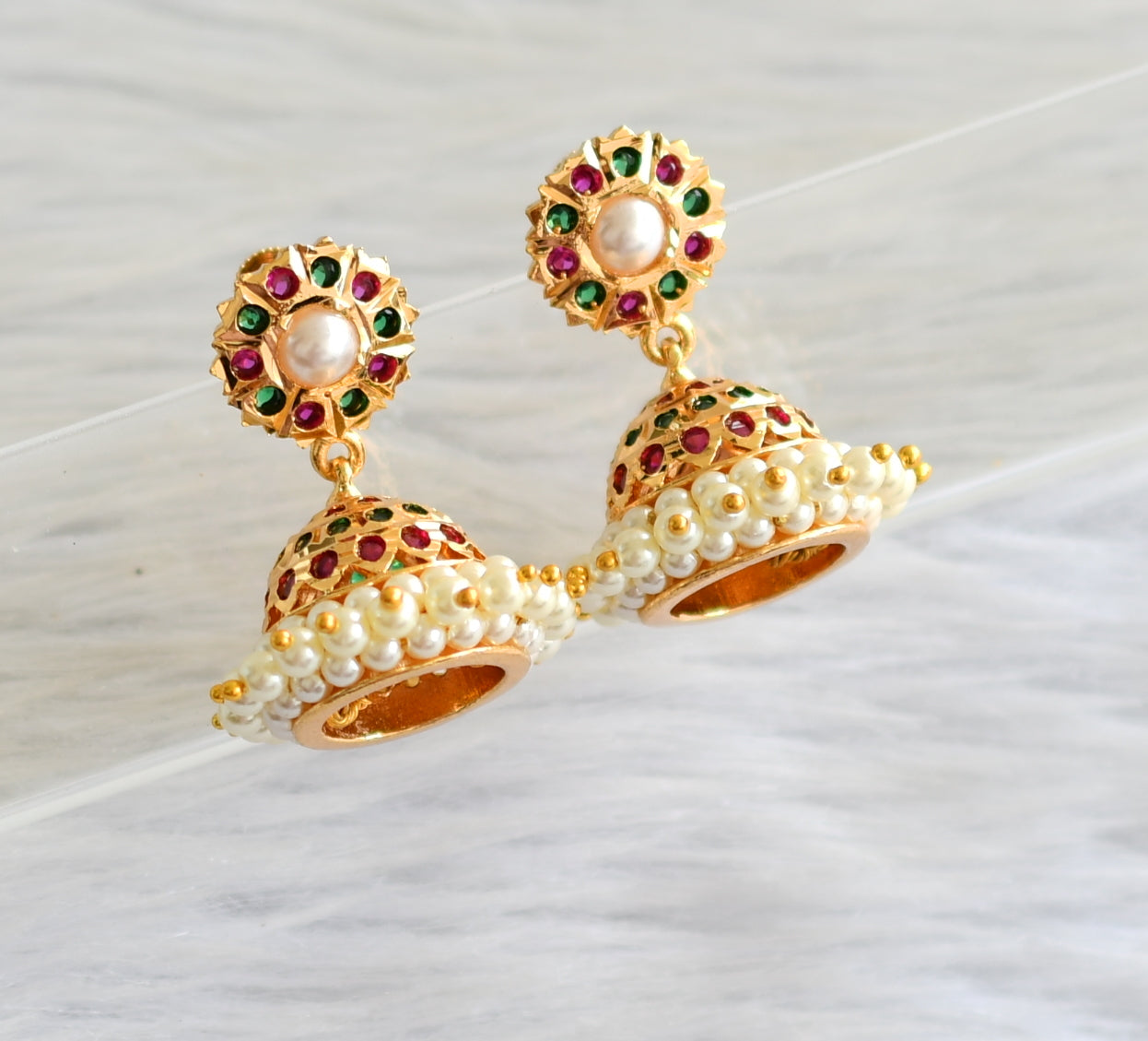 Gold tone south indian style pink-green-pearl jhumkka dj-43403