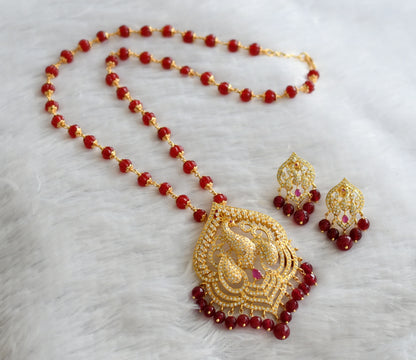 Gold tone cz white-ruby pumpkin beaded peacock necklace set dj-46624