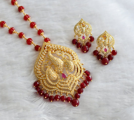 Gold tone cz white-ruby pumpkin beaded peacock necklace set dj-46624