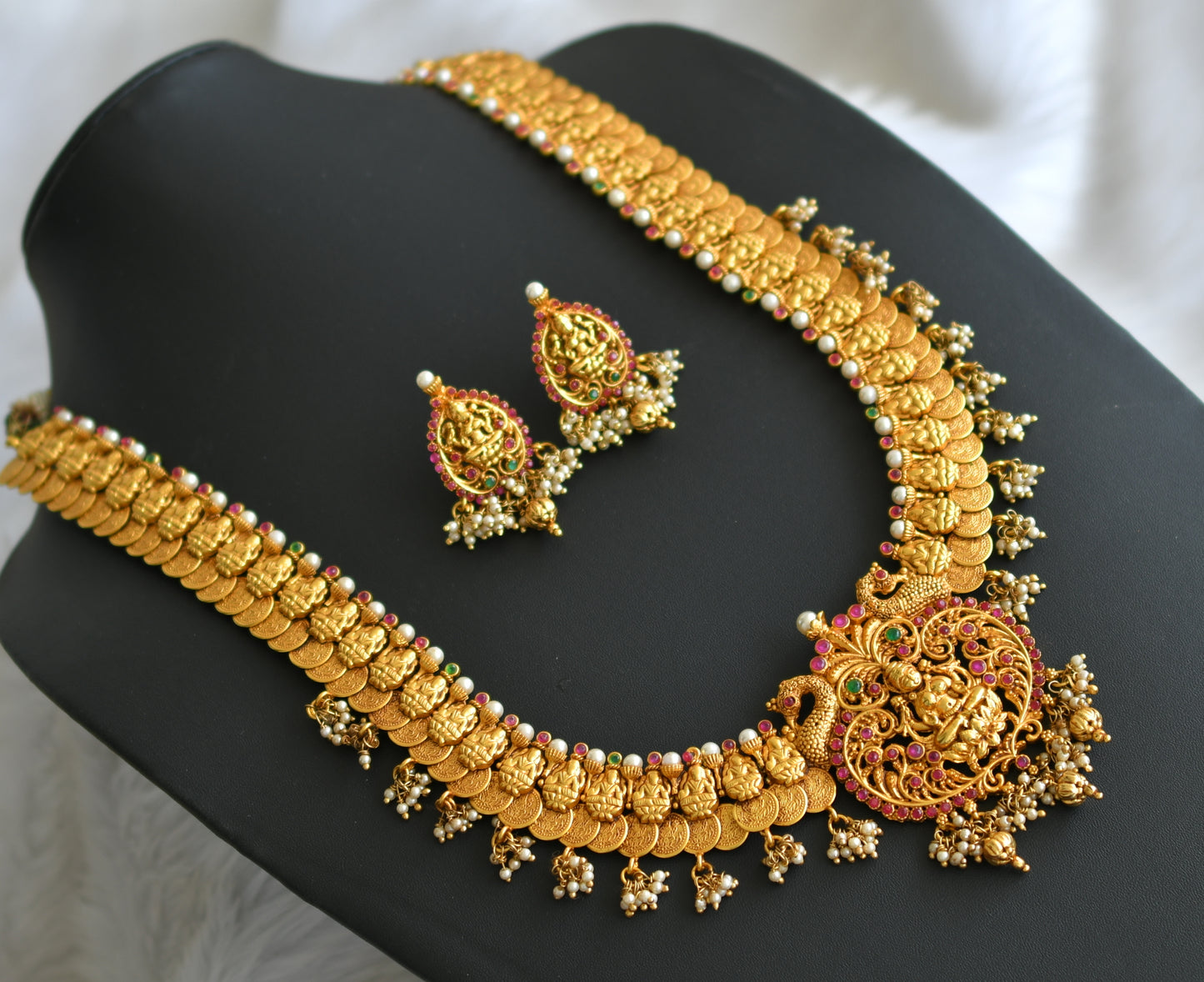 Matte finish ruby-emerald Lakshmi coin haar set dj-24739