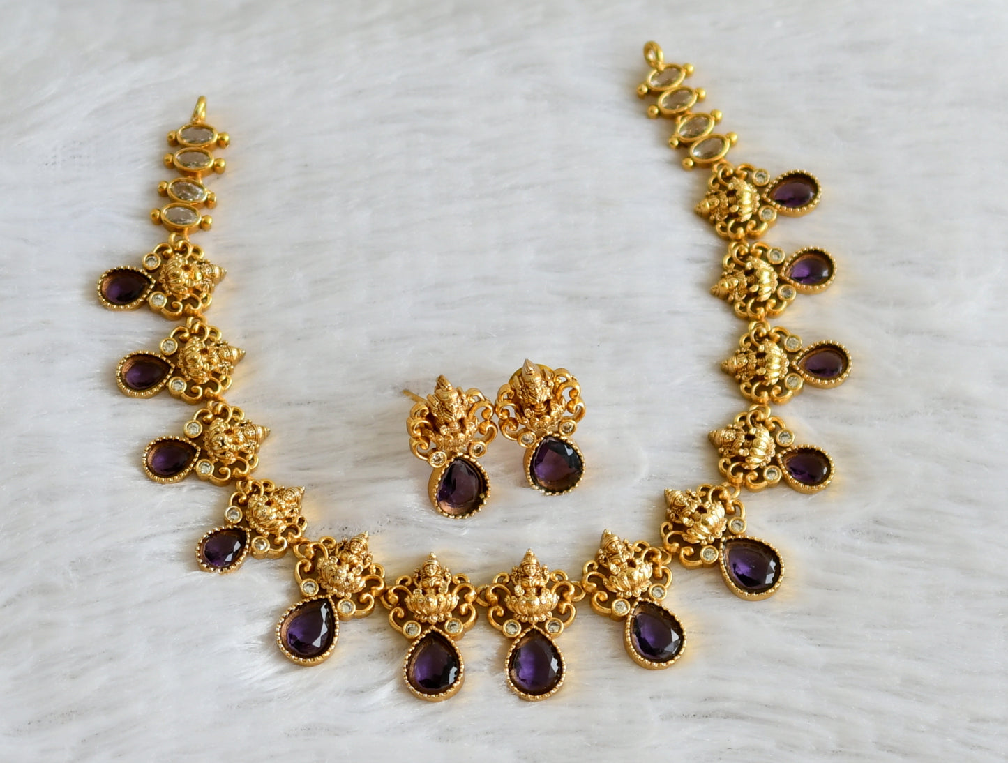 Matte finish purple stone lakshmi necklace set dj-48335