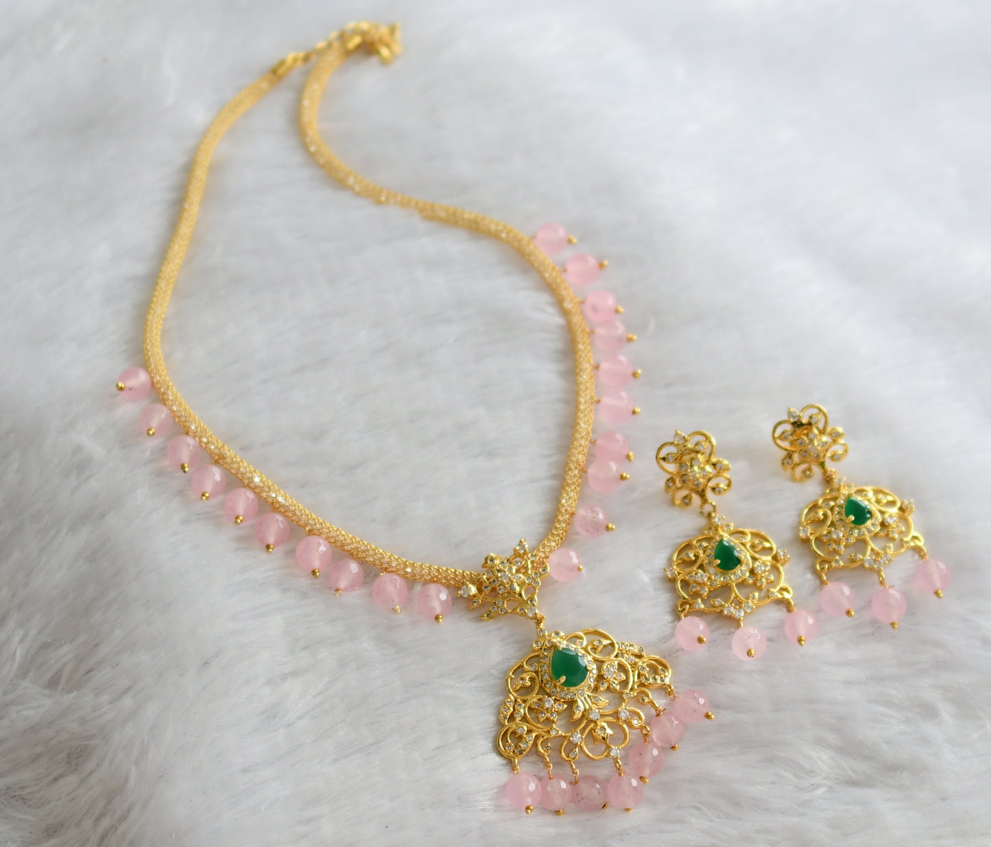 Gold tone cz white-green baby pink beaded cz chain necklace set dj-46622