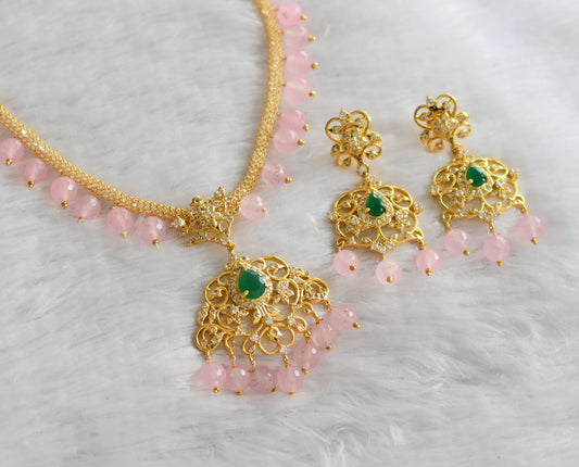 Gold tone cz white-green baby pink beaded cz chain necklace set dj-46622