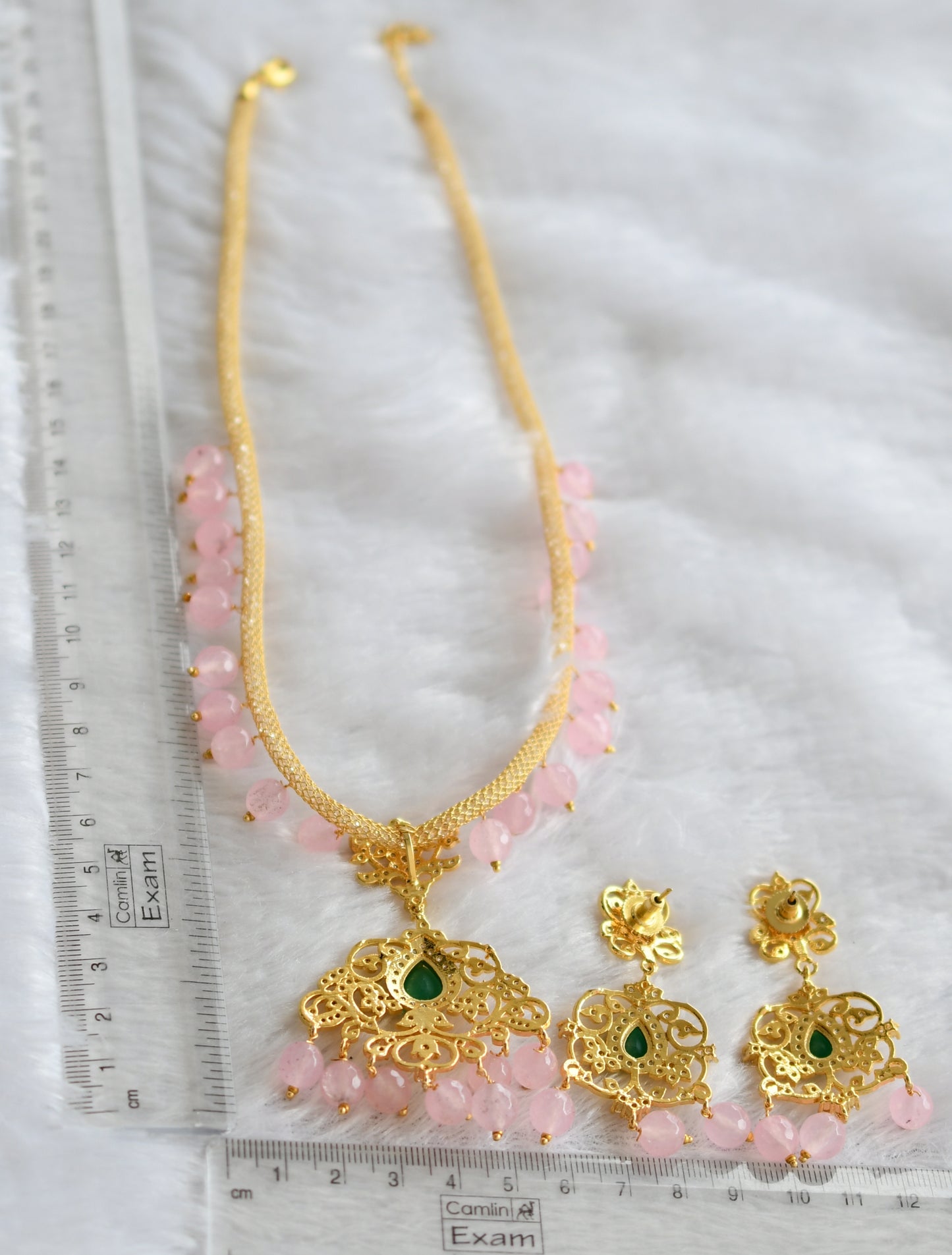 Gold tone cz white-green baby pink beaded cz chain necklace set dj-46622