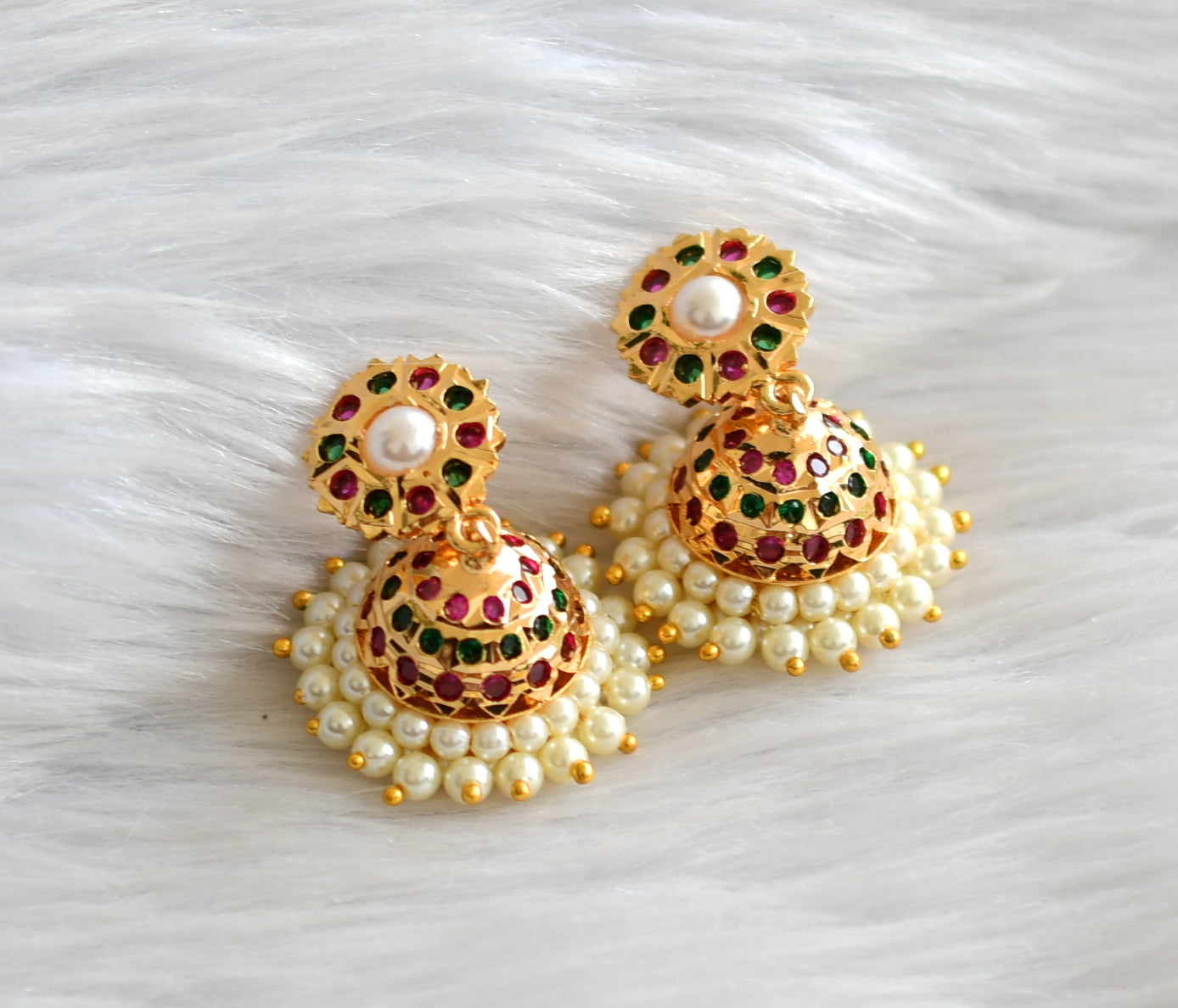 Gold tone south indian style pink-green-pearl jhumkka dj-43403