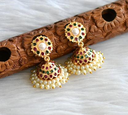 Gold tone south indian style pink-green-pearl jhumkka dj-43403