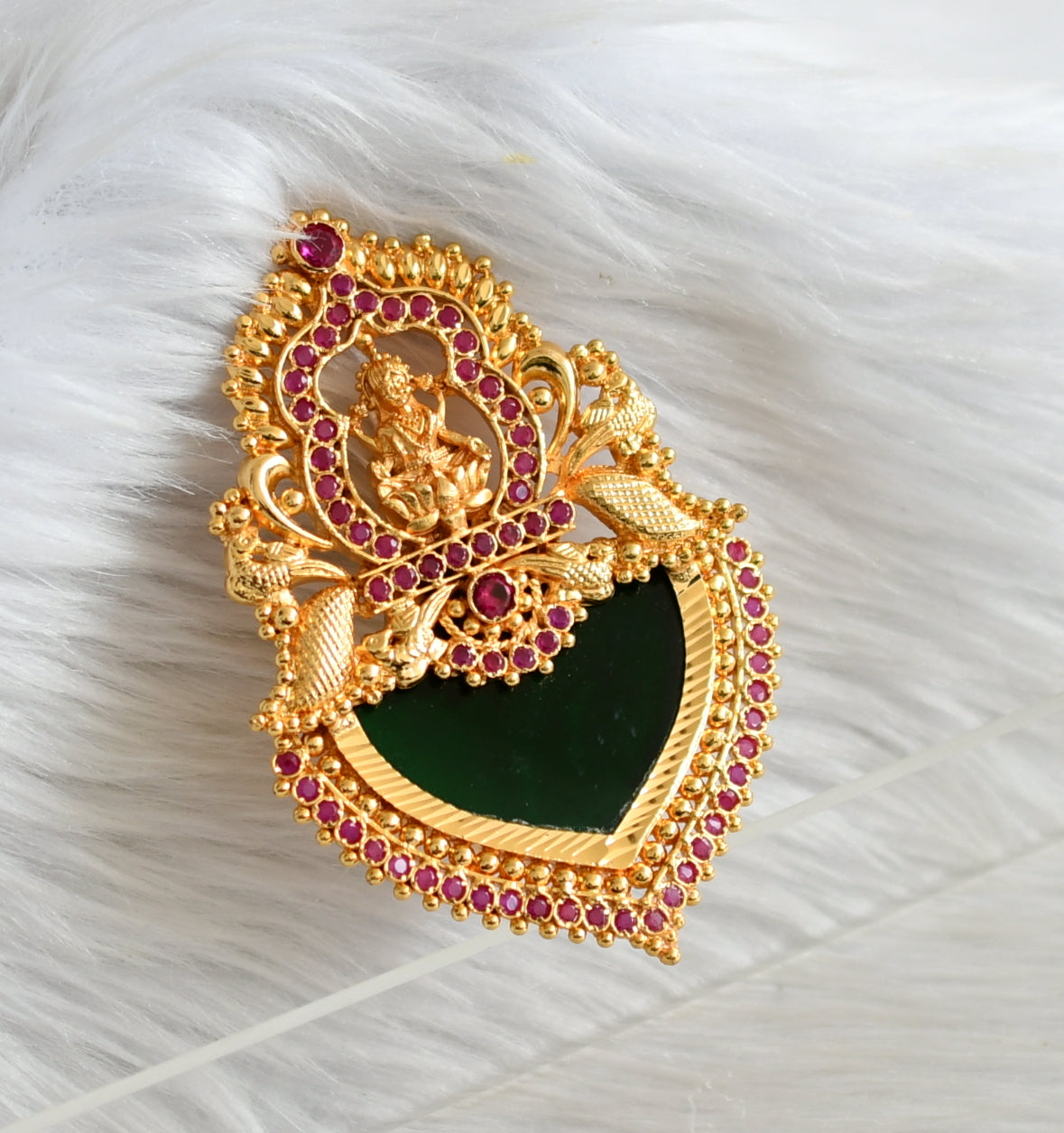 gold tone kerala style pink-green big lakshmi palakka pendant dj-44946