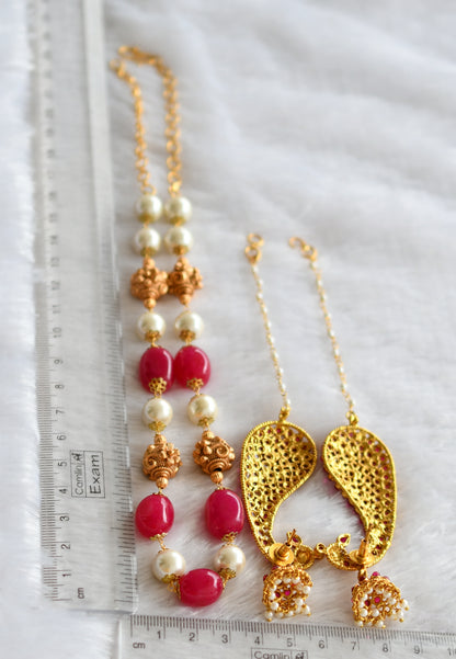 Matte finish pink-pearl beaded necklace with kemp peacock earrings with side chain dj-46628