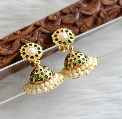 Gold tone south indian style green-pearl jhumkka dj-43402