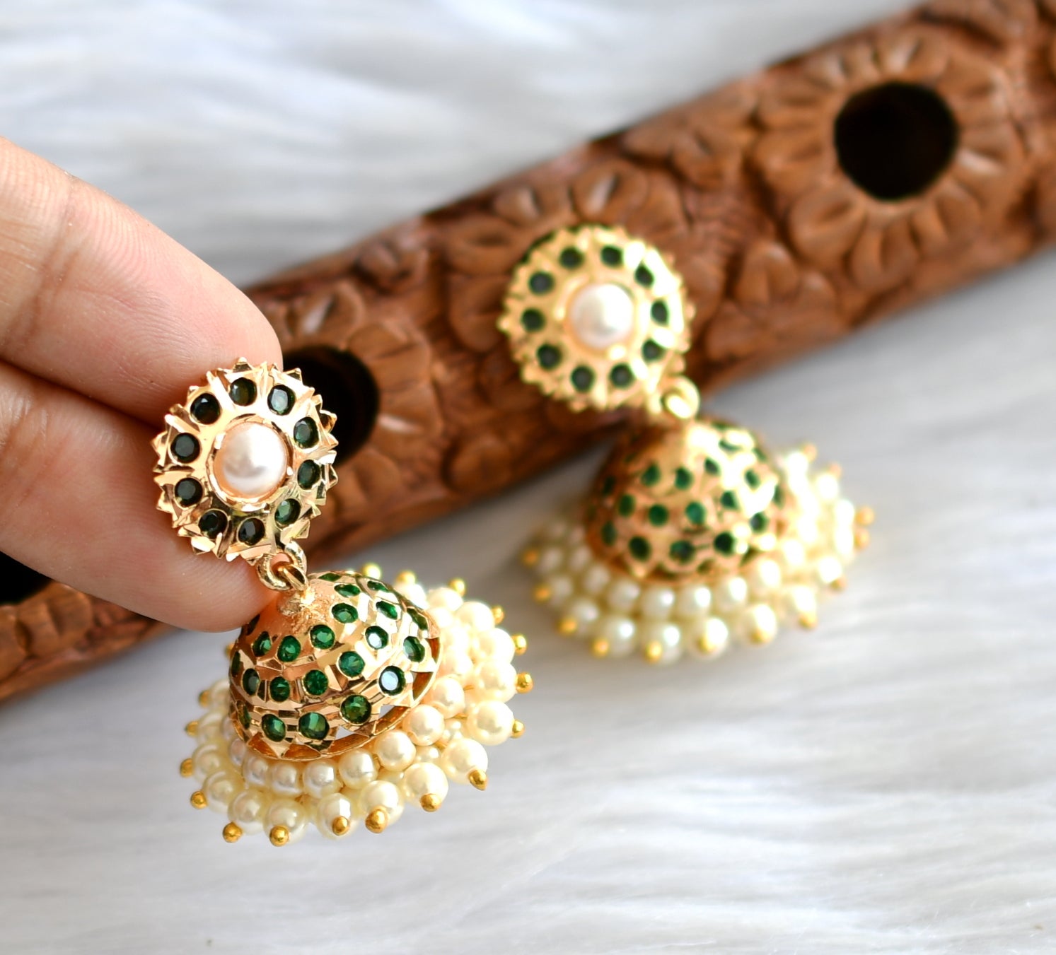 South Indian Gold Plated Jhumki Earring Ruby Green Stone ER3576