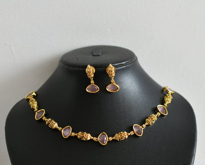 Antique gold tone baby pink stone necklace set dj-48360