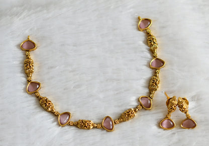 Antique gold tone baby pink stone necklace set dj-48360