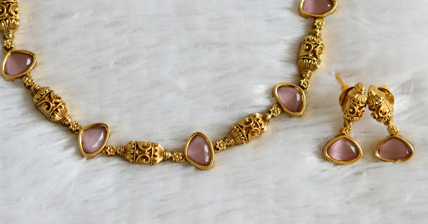 Antique gold tone baby pink stone necklace set dj-48360