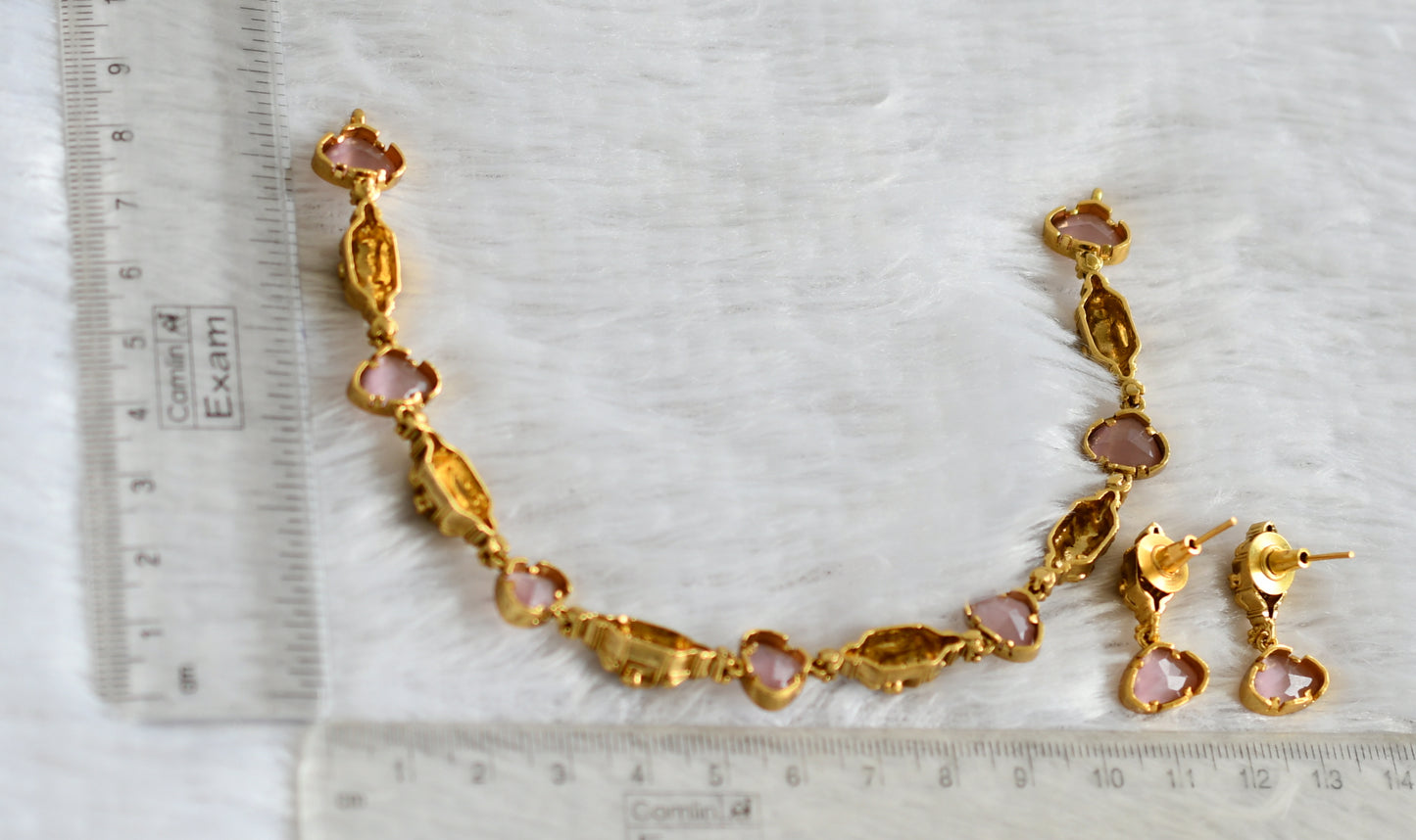 Antique gold tone baby pink stone necklace set dj-48360