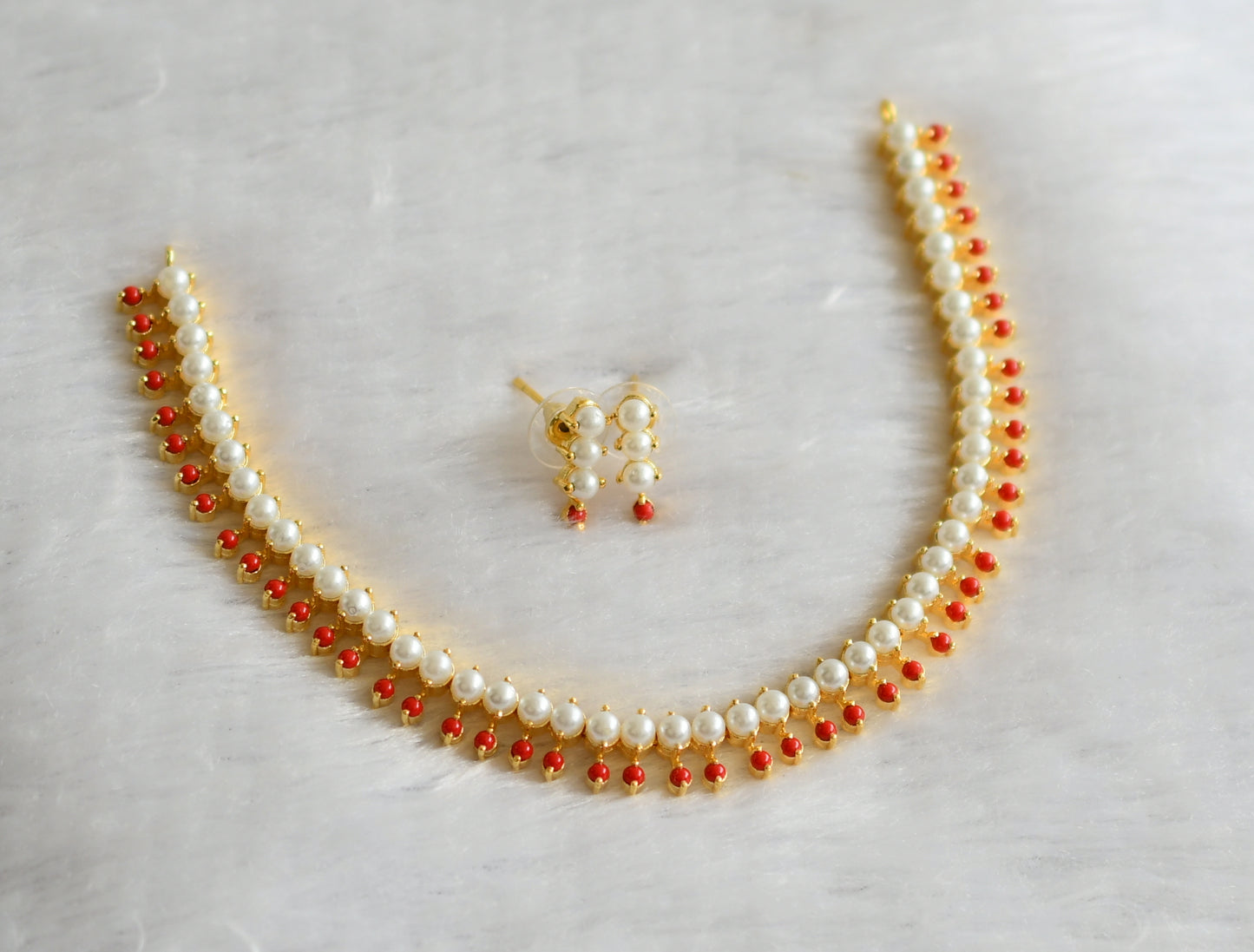 Gold tone coral-pearl stone necklace set dj-46637