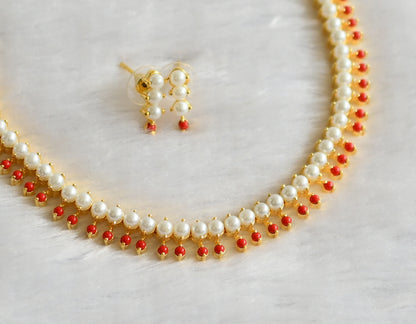 Gold tone coral-pearl stone necklace set dj-46637