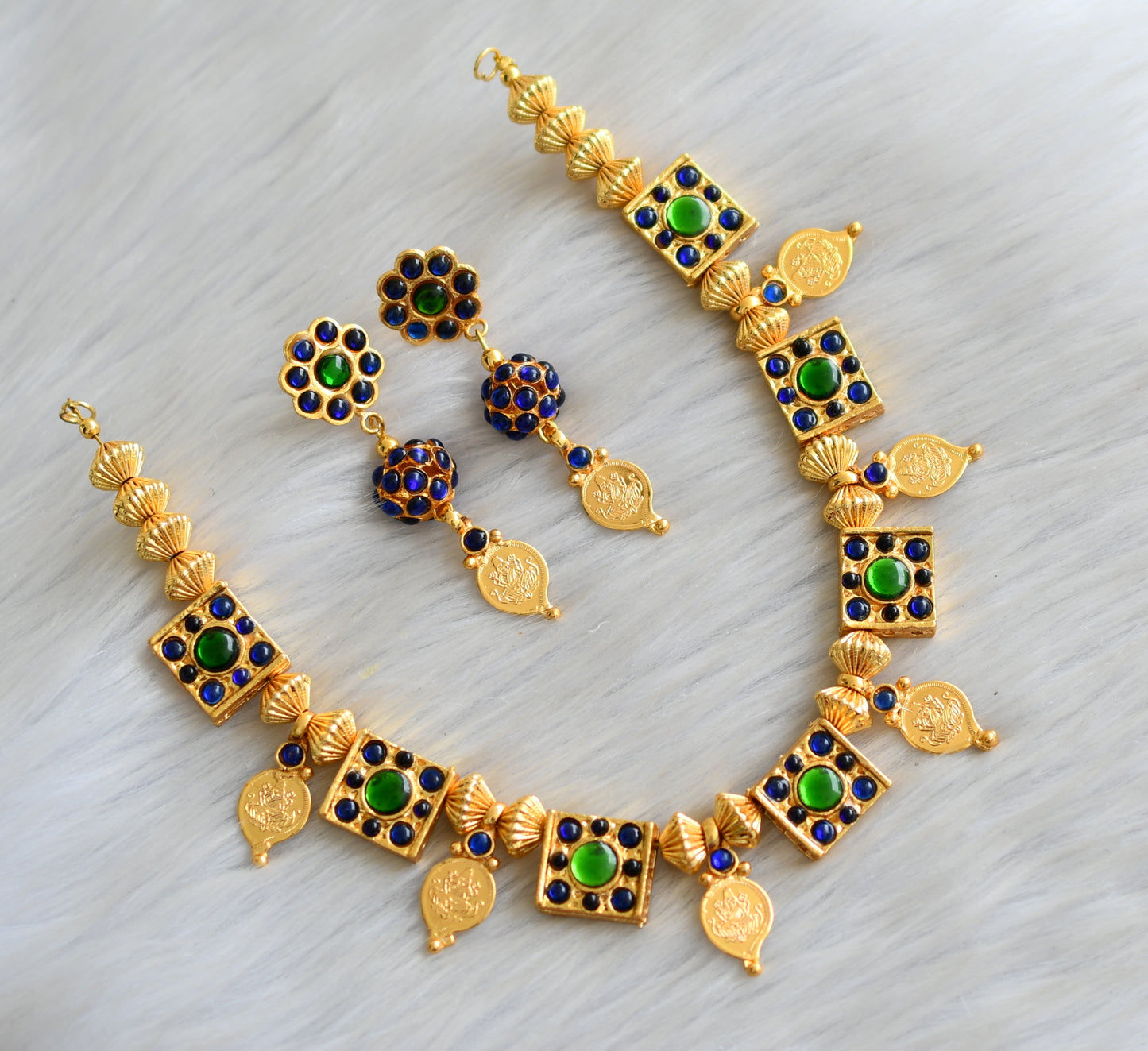 Gold tone green-blue Lakshmi mango necklace set dj-23948