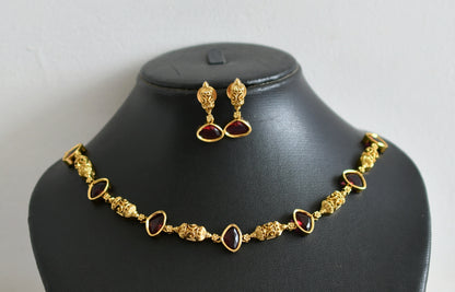 Antique gold tone magenta pink stone necklace set dj-48361