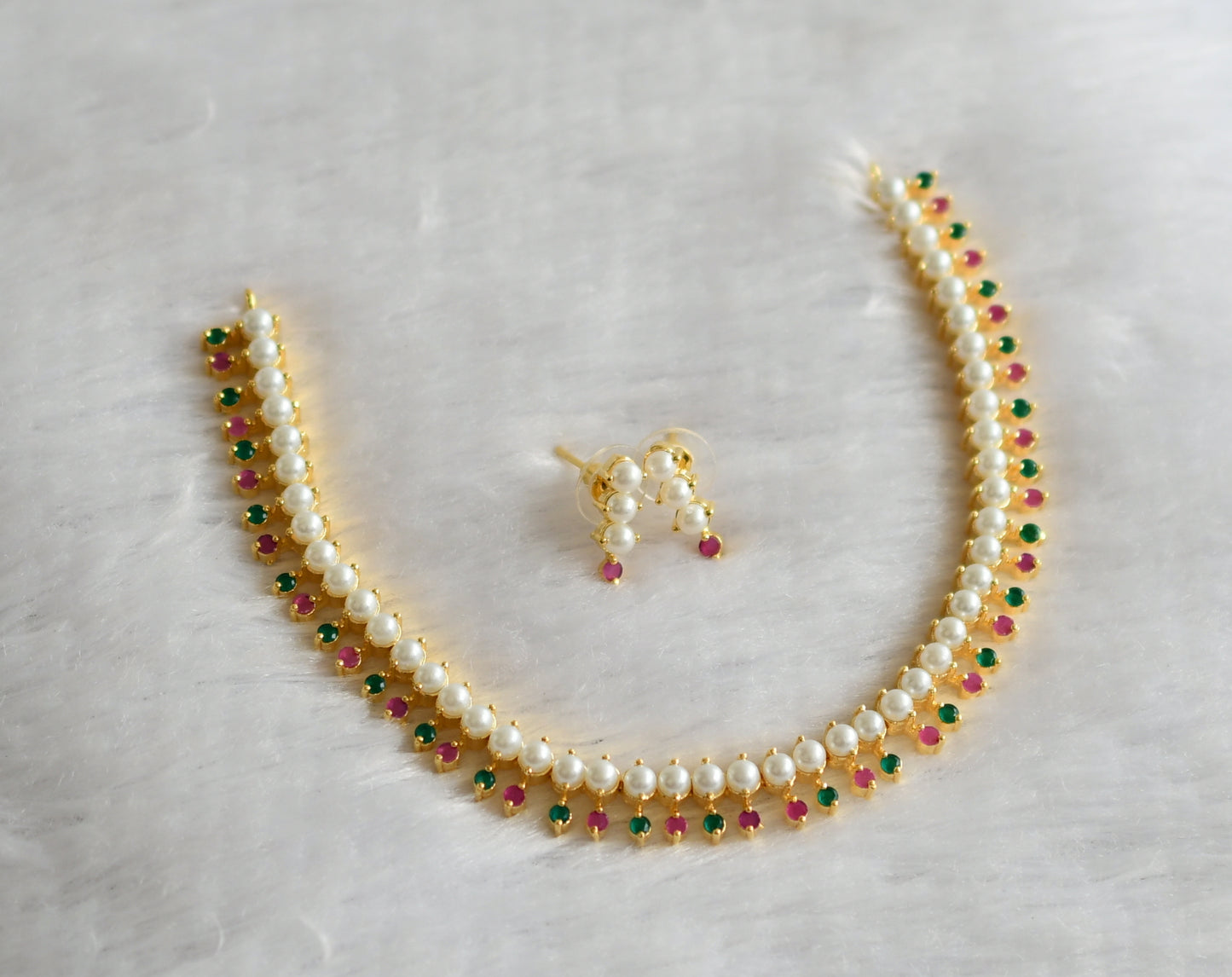 Gold tone ruby-green-pearl stone necklace set dj-46639