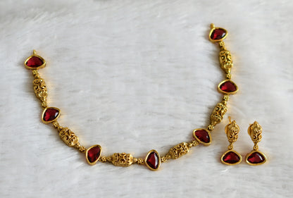 Antique gold tone magenta pink stone necklace set dj-48361