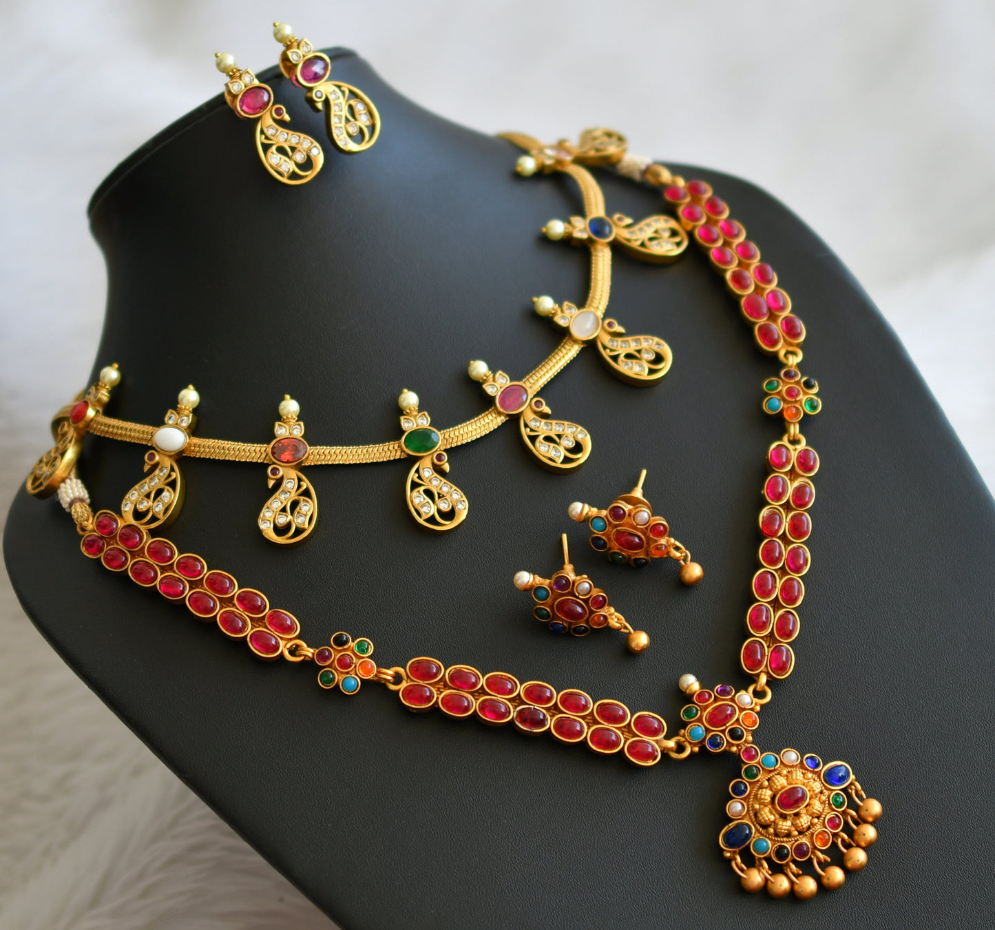 Matte finish navarathna stone combo necklace set dj-44963