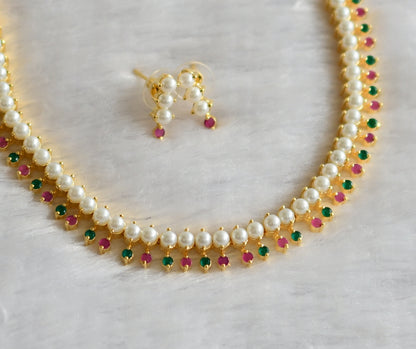 Gold tone ruby-green-pearl stone necklace set dj-46639