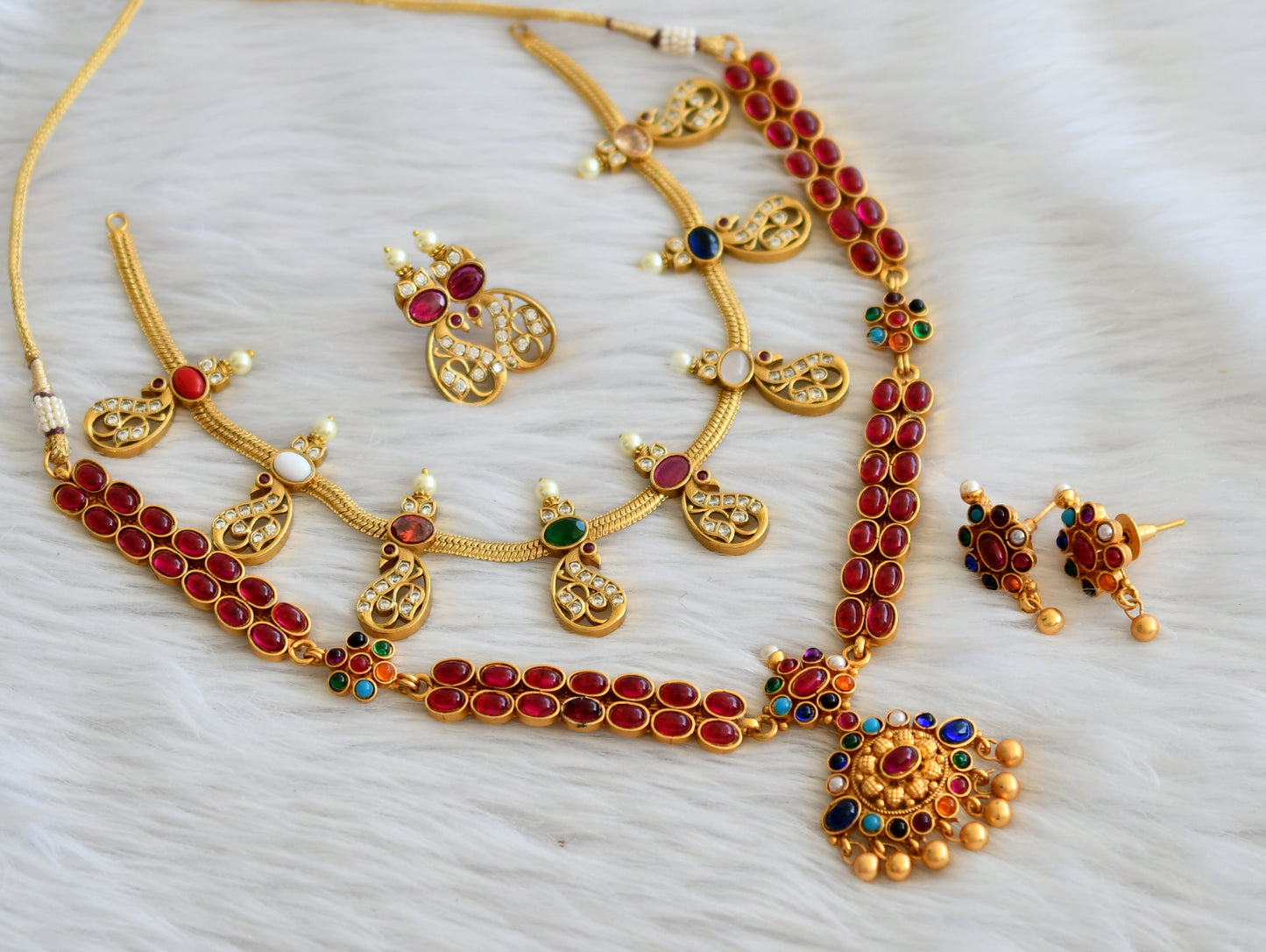 Matte finish navarathna stone combo necklace set dj-44963