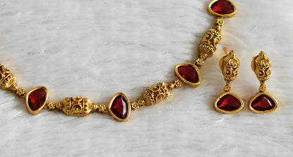 Antique gold tone magenta pink stone necklace set dj-48361